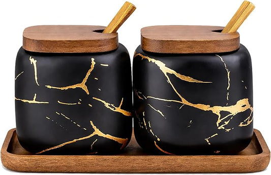 2 Sets of Marble Ceramic Seasoning Jars Ceramic Sugar Bowl with Lids，Tray and Spoons (black) …