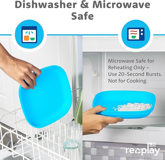 Re-Play Toddler Plates - 22 Oz. Deep-Walled Flat Kids Plates - Dishwasher & Microwave Safe - Made in USA - Set of 3-7.37" x 7.37" x 1.25" - Modern Blue