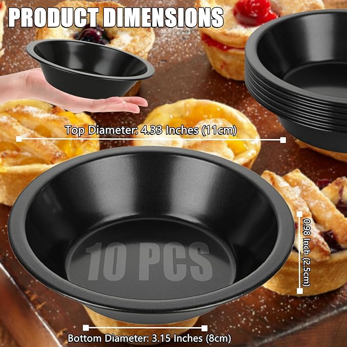 RHBLME 10 Pack Mini Pie Tins, Nonstick 4 Inch Small Pie Pans, Carbon Steel Individual Pie Tins for Baking Dessert, Fruit Pie and Beef Pie, Oven Safe & Dishwasher Safe