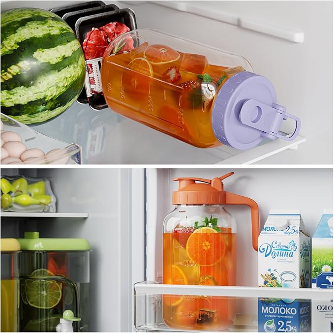 Glass Mason Jar Pitcher, 64 oz Wide Mouth Jug with Pour Spout Handle Lid for Cold Brew Coffee, Ice Beverage, Iced Juice, Lemonade, Sun Tea, Fruit Drinks Container(Orange)