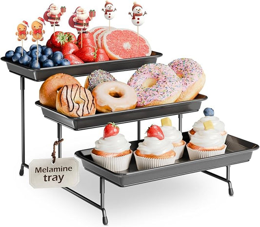 3-Tier Melamine Serving Tray Set, 11.5" x 5.6" Platters for Serving Food, Black Reusable Trays with Black Metal Display Stand for Cupcakes, Sevring Food, Dessert, Fruit, Cookie, Black