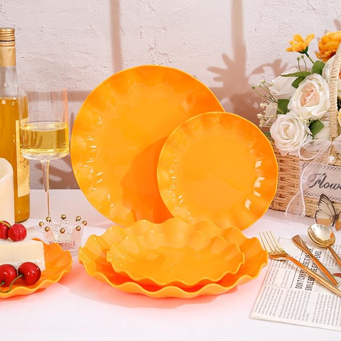 LIYH 50 Pcs Orange Scalloped Heavy Duty Reusable Unbreakable Plastic Plates for Party, Dishwasher Safe BPA Free (25 Guests) - 10 Inch Dinner Plate and 7.5 Inch Dessert Plates