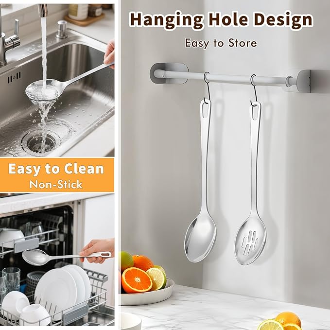 Stainless Steel Cooking Spoon, Solid Metal Serving Spoon, Heavy Duty Sturdy Large Soup Ladle, High Heat Resistant Kitchen Cooking Utensils for Mixing, Stirring, Ergonomic Handle, Easy to Clean, Silver