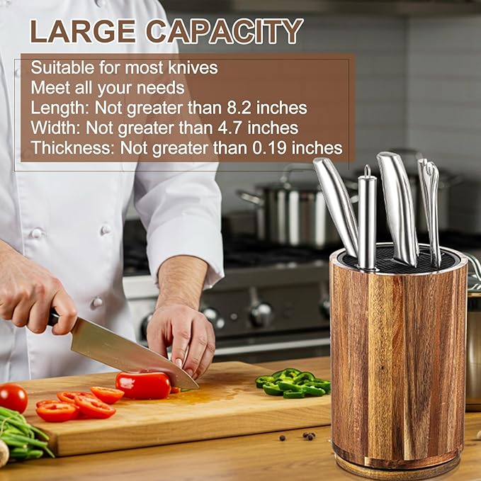 Hushee 360° Rotatable Knife Block Without Knives, 5.9 x 9 Inch Round Acacia Wood Knife Organizer Large Capacity Holder for Scissors Sharpening Rod, Holds up to 10 Knives, Kitchen Organization