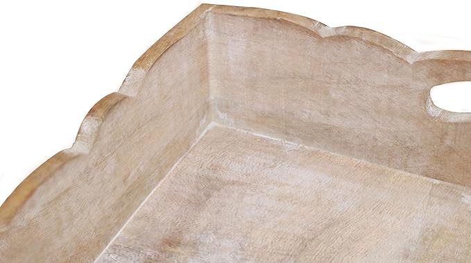 Hand Carved Solid Wood Serving Tray - Decorative Breakfast Tray with Handles - Rustic Food Tray with Intricate Detail - Unique Furnishing Accent - White Wash - 17 x 13 x 2.75 Inches - COTTON CRAFT