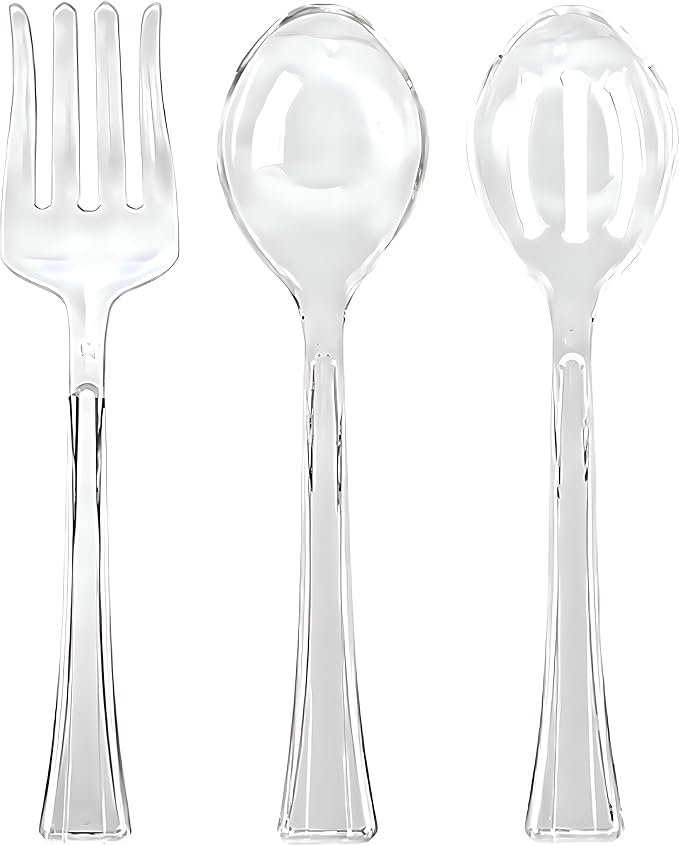 Lillian Clear Plastic Serving Utensils, Party Assorted Disposable Set, Pack of 3 (1 Spoon, 1 Slotted Spoon, 1 Fork) Clear, 12" Inches