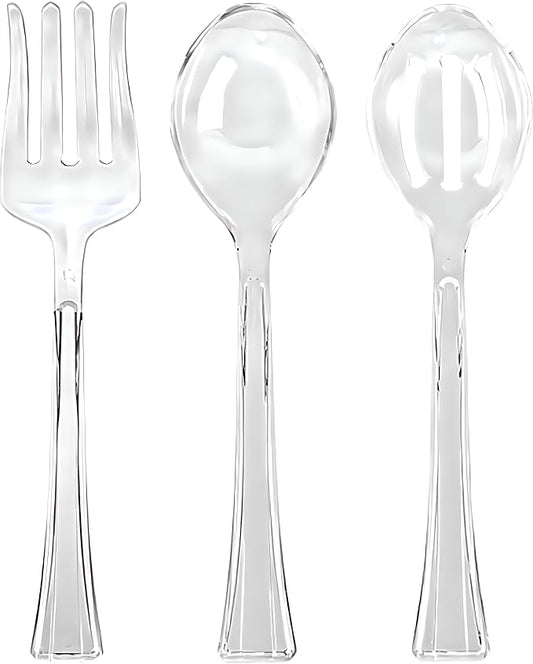 Lillian Clear Plastic Serving Utensils, Party Assorted Disposable Set, Pack of 3 (1 Spoon, 1 Slotted Spoon, 1 Fork) Clear, 12" Inches
