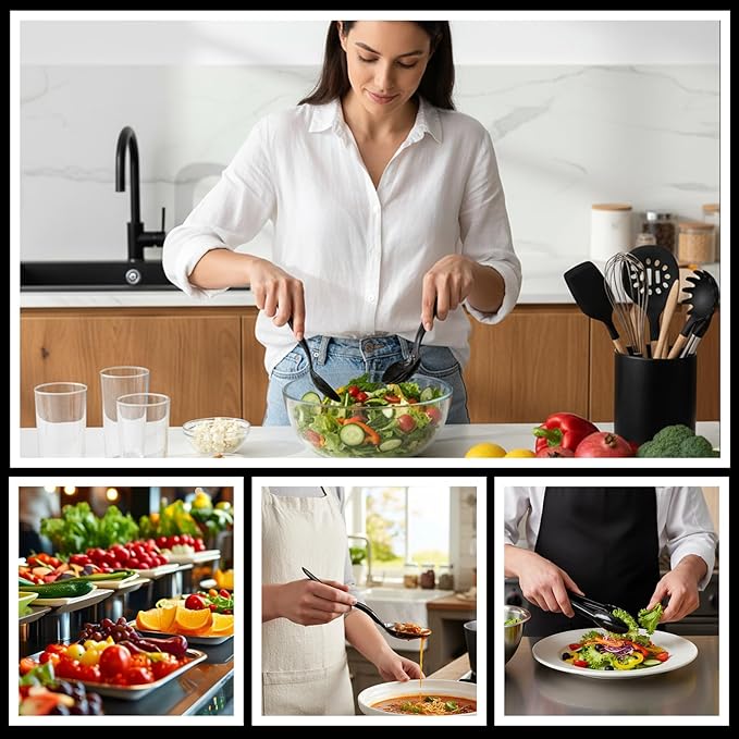 36 Pcs Black Plastic Serving Utensils Set, 9'' Disposable Serving Spoons Forks Tongs for Servings Food Heavy Duty Party Utensils for Dinner Parties Buffets Banquets Birthday Weddings Daily Use