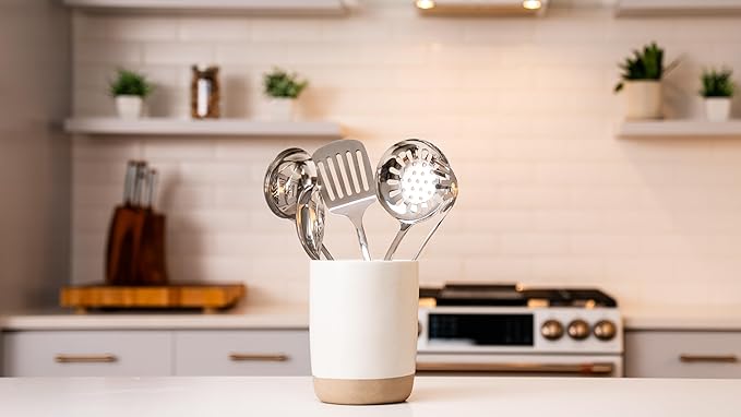 Stainless Steel Cooking Utensils Set, 5-Piece 304 Metal Kitchen Utensil Set (Spatula, Ladle, Slotted Turner, Spaghetti Server, Skimmer) – One-Piece Heavy Duty, Rustproof, Dishwasher Safe