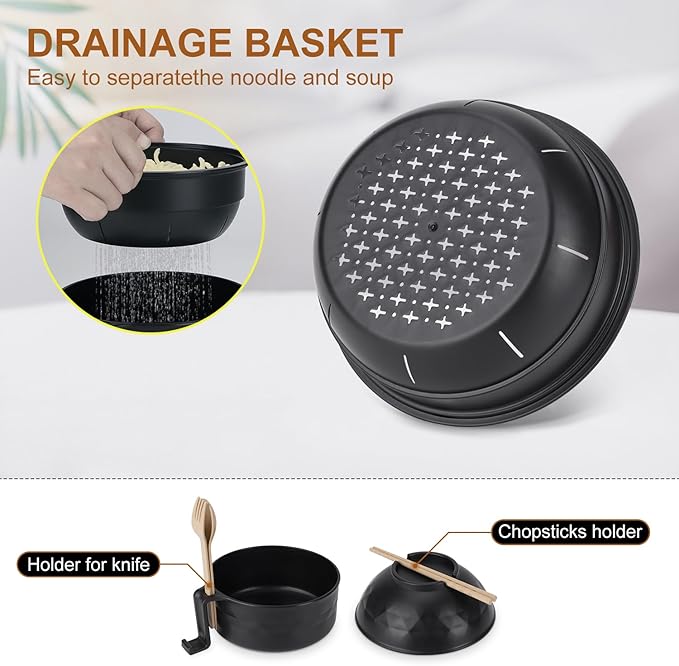 Ramen Bowl Set of 2, Ramen Cooker 33 oz, Ramen Bowls with Chopsticks and Spoon, Microwave Pasta Cooker, Ramen Bowl Microwave Gift College Dorm Essentials for Girls Guys (Black)