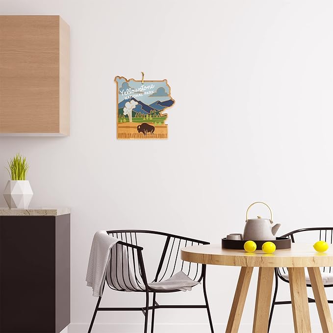 Totally Bamboo Yellowstone Park Shaped Cutting Board and Charcuterie Serving Platter with Artwork by Summer Stokes, Includes Hang Tie for Wall Display