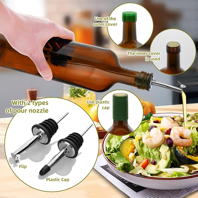 2Pcs 25 oz Olive Oil Dispenser Bottle,750 ml Glass Oil and Vinegar Dispenser Set with Pourers and Funnel ，Oil Bottles for Kitchen Large capacity oil bottles (Brown 2pcs)