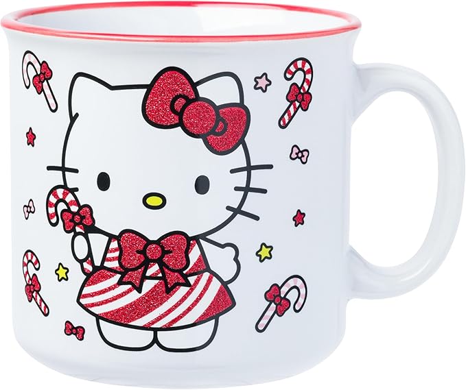 Silver Buffalo Sanrio Hello Kitty Christmas Candy Canes Glitter Ceramic Camper Mug, 20 Ounces