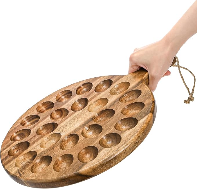 Okllen 24 Holes Round Acacia Wood Deviled Egg Platter with Handle, Deviled Egg Tray Holder for Easter, Gathering, Thanksgiving & Parties