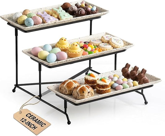 LAUCHUH 3 Tier Serving Tray, Porcelain Serving Platters and Trays for Party 12 Inch Tiered Tray Stand Cupcake Stand with Collapsible Sturdier Rack for Mother's Day Serving Food, Speckled Glaze