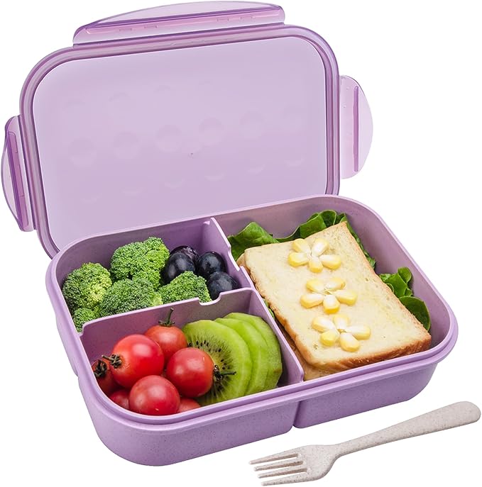 Wheat Straw Lunch Box, Leakproof 3-Compartment Bento Box for Kids & Adults, BPA-Free, Microwave & Dishwasher Safe, 5.5 Cup/1400 ml, Purple