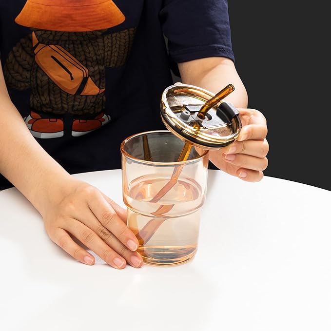 13oz/400ml Glass Water Tumbler with Straw and Lid Sealed Carry On Thick Wall Iced Coffee Cup Glass Cup for Water, Iced Tea Fruit Juice Etc (Amber-4Pack)