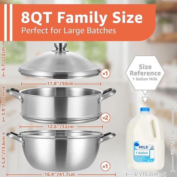 LOLYKITCH 8QT Stainless Steel Steamer Pot - 3 Tier Steamer for Cooking Dumplings & Veggies, 12 Inch Large Induction Stock Pot for All Stovetops, Heavy Duty