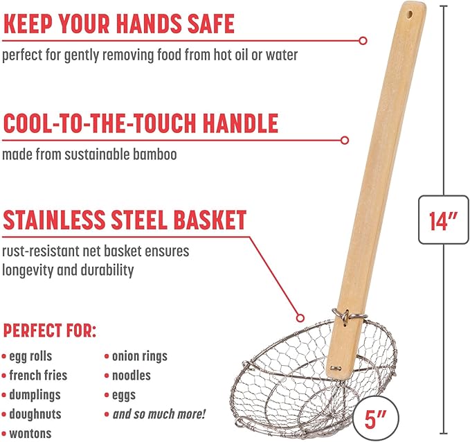 Joyce Chen Kitchen Spider Strainer Stainless Steel 5-Inch Wire Basket with Heat-Resistant Bamboo Handle