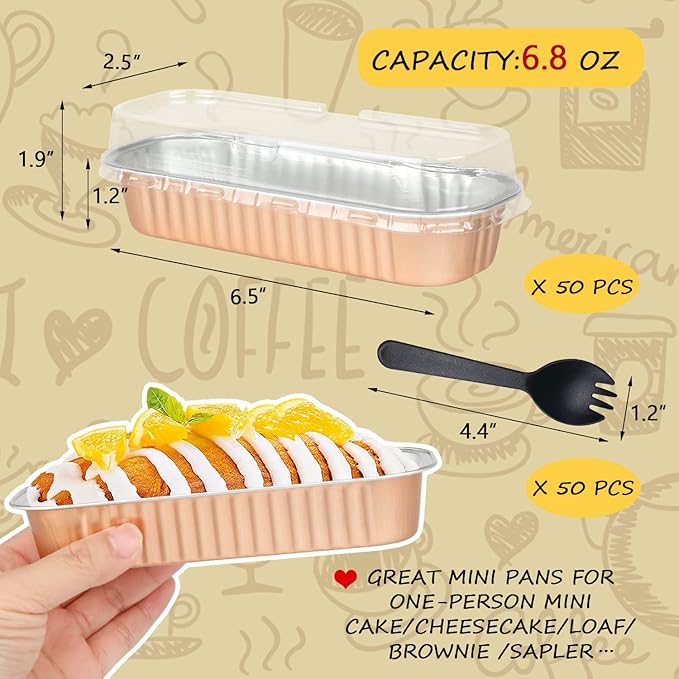 Disposable Mini Cake Pans with Lids 50 Pack,LNYZQUS 6.8oz Rectangle Baking Cups Muffin Tins, Aluminum Foil Baking Tins Mini Loaf Baking Pans Holders-Champagne