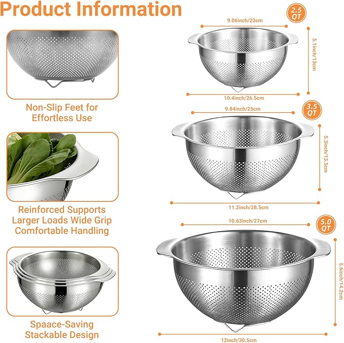 Colanders & Food Strainers,304 Stainless Steel Colander,3 Pcs Kitchen Strainers & Colanders for Pasta, Rice, Vegetables,Dishwasher Safe Metal Colander with Handles,Kitchen Gift(2.5QT, 3.5QT, 5QT)