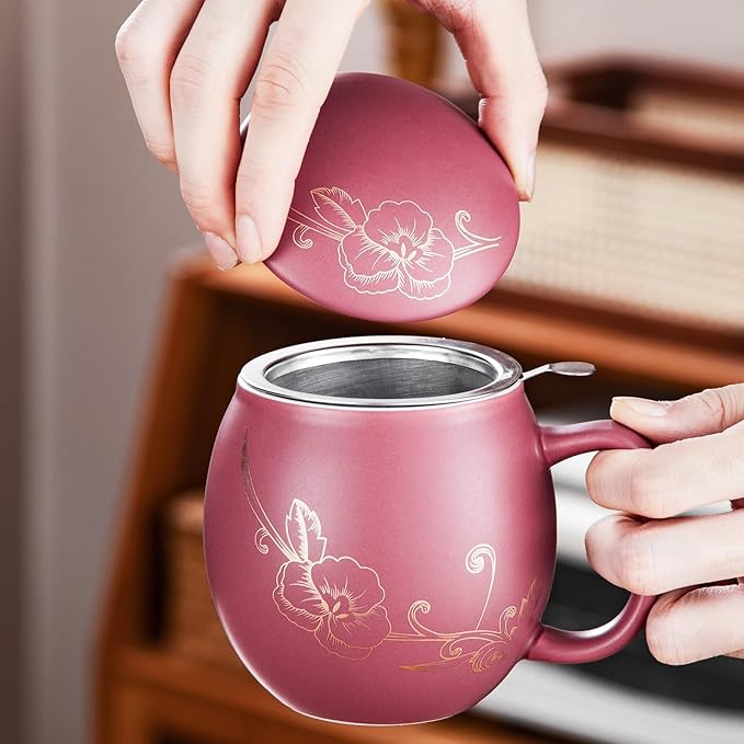 Yundu 12 OZ Ceramic Mug with Lid & Tea Strainer - Matte Purple Tea Cup with Golden Flower, Stainless Steel Infuser for Loose Leaf Tea
