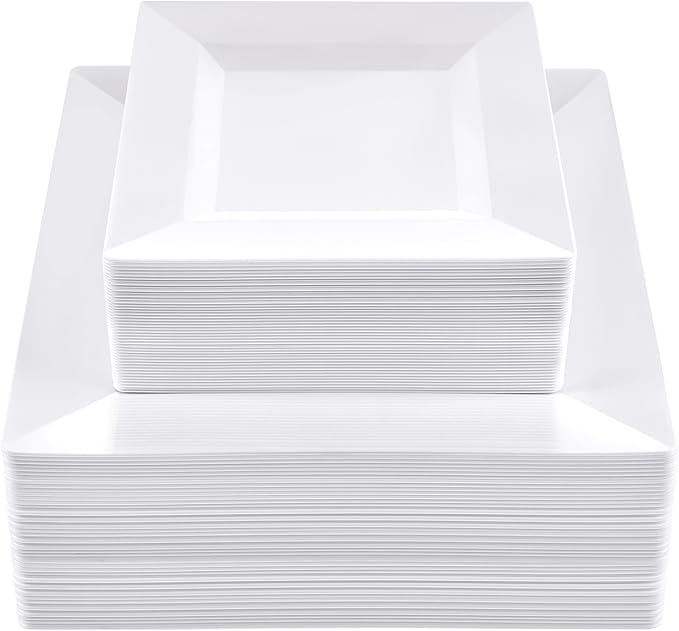 SETUP 100-Piece White Square Plastic Dinnerware Set – 50 9.5" Dinner & 50 6.5" Salad Plates – Heavy-Duty Disposable for Weddings, Catering, Parties