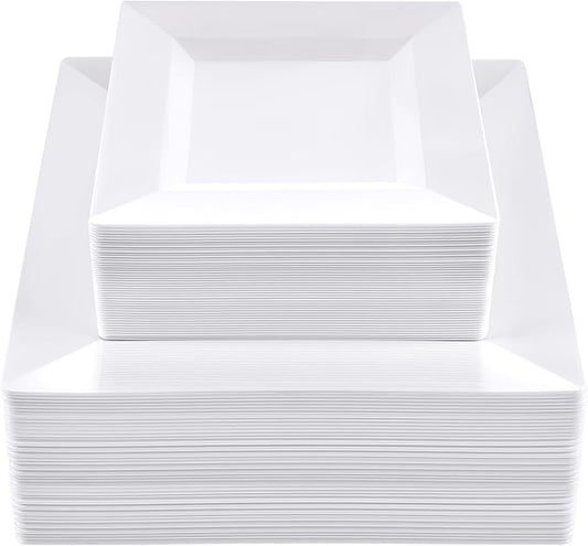 SETUP 100-Piece White Square Plastic Dinnerware Set – 50 9.5" Dinner & 50 6.5" Salad Plates – Heavy-Duty Disposable for Weddings, Catering, Parties