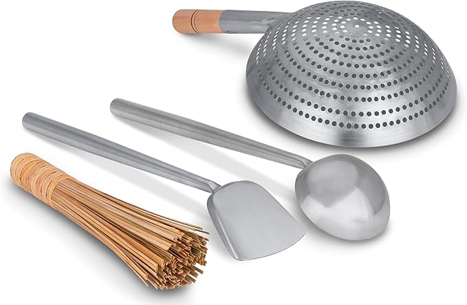 Craft Wok s/s Tools 4 pcs Set: Ladle, Spatula, Strainer, Bamboo Brush/Utensils Traditional Asian Cookware / 732W324
