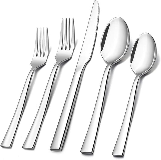 30-Piece Silverware Set, E-far Stainless Steel Flatware Set Service for 6, Modern Tableware Cutlery Set for Home and Restaurant, Square Edge & Mirror Finish, Dishwasher Safe