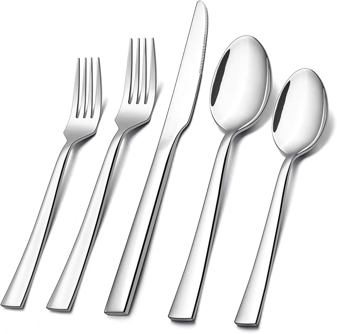 40-Piece Silverware Set, E-far Stainless Steel Flatware Set Service for 8, Modern Tableware Cutlery Set for Home and Restaurant, Square Edge & Mirror Finish, Dishwasher Safe