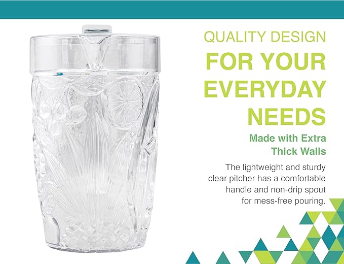 Arrow Home Products Clear Plastic Beverage Pitcher with Lid, 76 Ounce - Thick-Walled Fruit Design, Made in the USA - Fill with Ice Water, Iced Tea or Juice - BPA Free, Dishwasher Safe