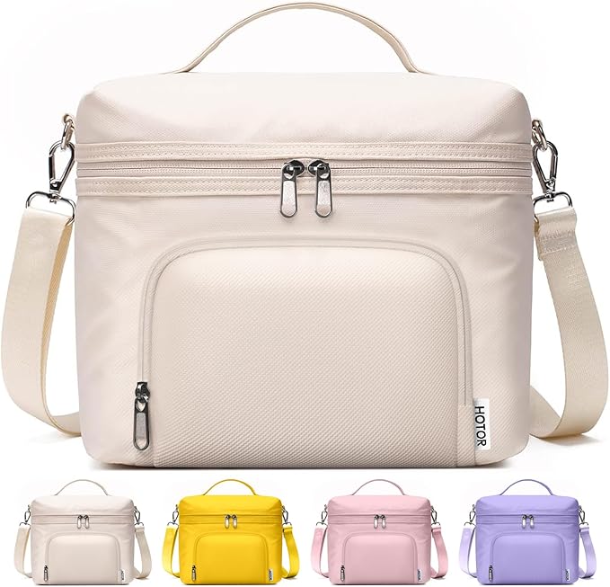 HOTOR Lunch Box for Women - Insulated Lunch Bag with Spacious 8L Capacity, PU Leather Cooler Bag, Water-Resistant & Easy to Clean, Ideal for Work or Everyday Use, Beige, 10.0" x 8.6"x 5.9"