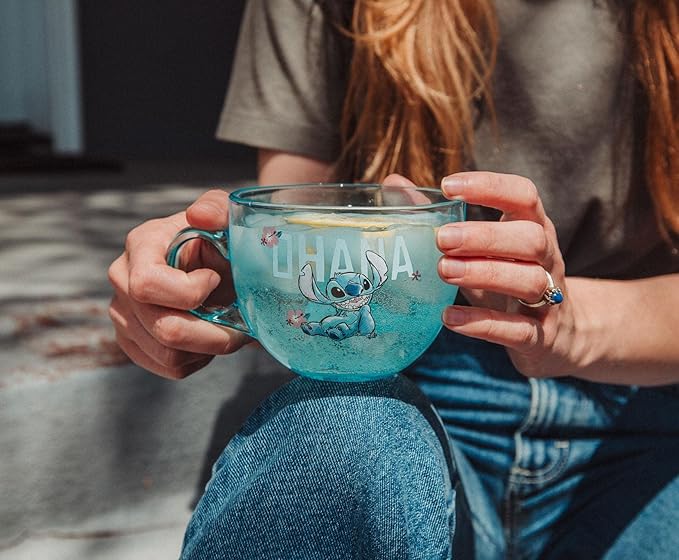 Disney Lilo & Stitch Ohana Glass Coffee Mug | Tropical Large Coffee Cup For Espresso, Caffeine, Beverages, Home & Kitchen Essentials | Cute Gifts and Collectibles | Holds 16 Ounces