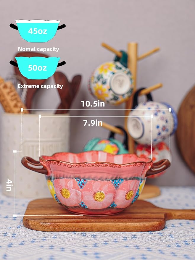 silesia Handmade Salad Bowls with Handles, 45 oz Hand-Painted Serving Bowl, Large Ceramic Crocks for Soup, Pasta, Stew, Microwave & Dishwasher Safe, Kitchen Decor Gift (Glazed Pink)