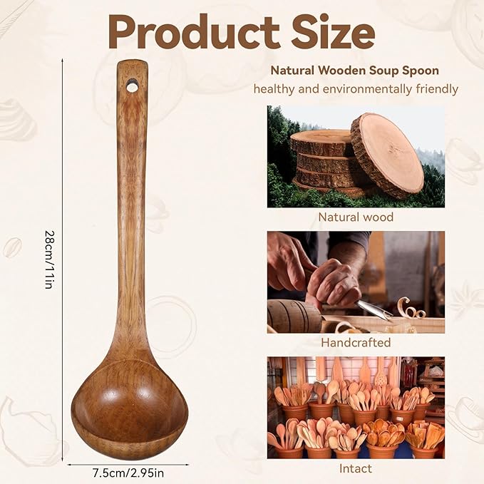 11" Wooden Ladle 2 fl oz Natural Wood Serving Spoon Gravy Soup Ladle Long Handle Deep Scooper Server Utensil Large Kitchen Wooden Scoop for Cooking Serving