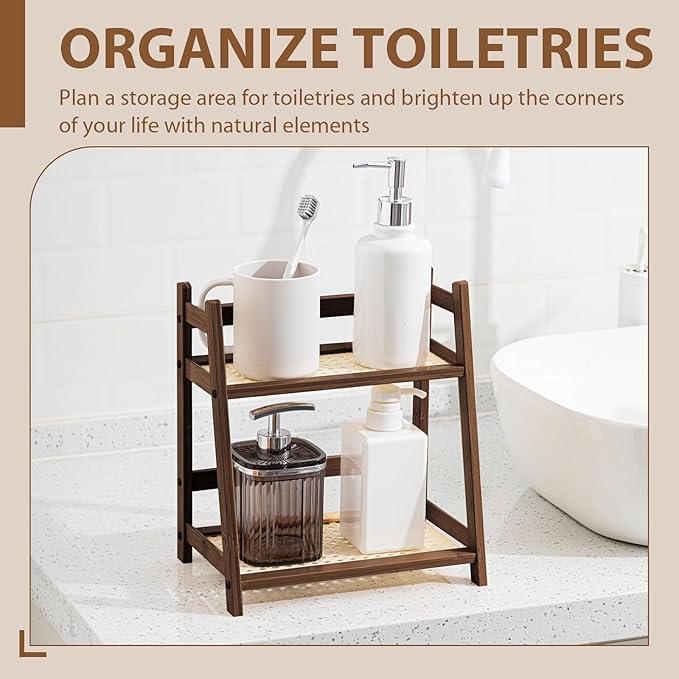 1 Pcs 2 Tier Matcha Station Shelf Bamboo Coffee Mug Stand Countertop Storage Rack, Double Layer Rattan Office Cup, Kitchen, Tea, Plant, Bar Accessories Condiment Display(Brown,10.2 Inch)