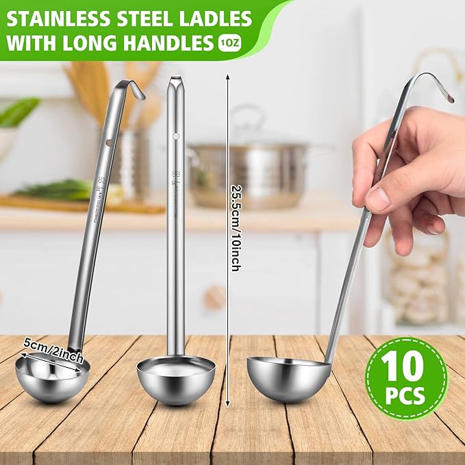 10 Pcs Stainless Steel Soup Ladle Set Small Ladle Sturdy Long Handle Portion Control Serving Spoons for Cooking Sauce Gravy Stirring & Kitchen Home Use(1 oz)