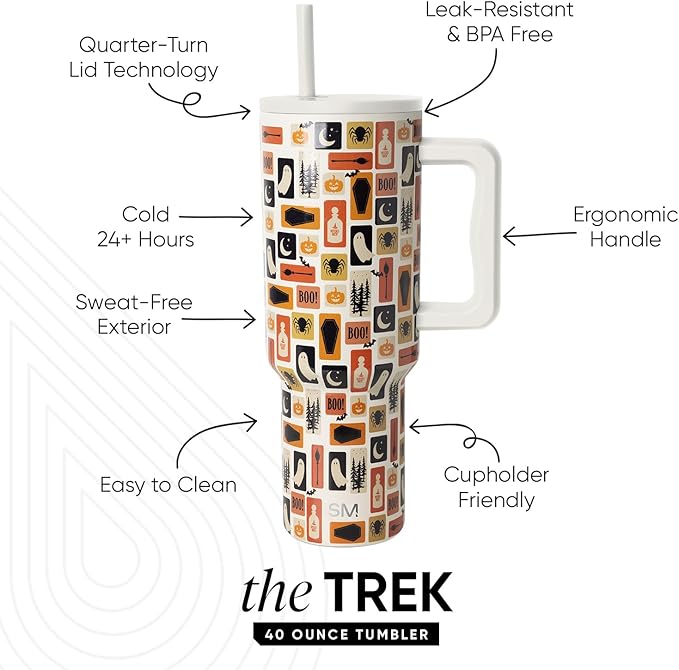 Simple Modern Halloween 40 oz Trek Tumbler with Handle and Straw Lid | Cup Holder Friendly Insulated Stainless Steel Travel Mug | Spooky Stamps on Cream