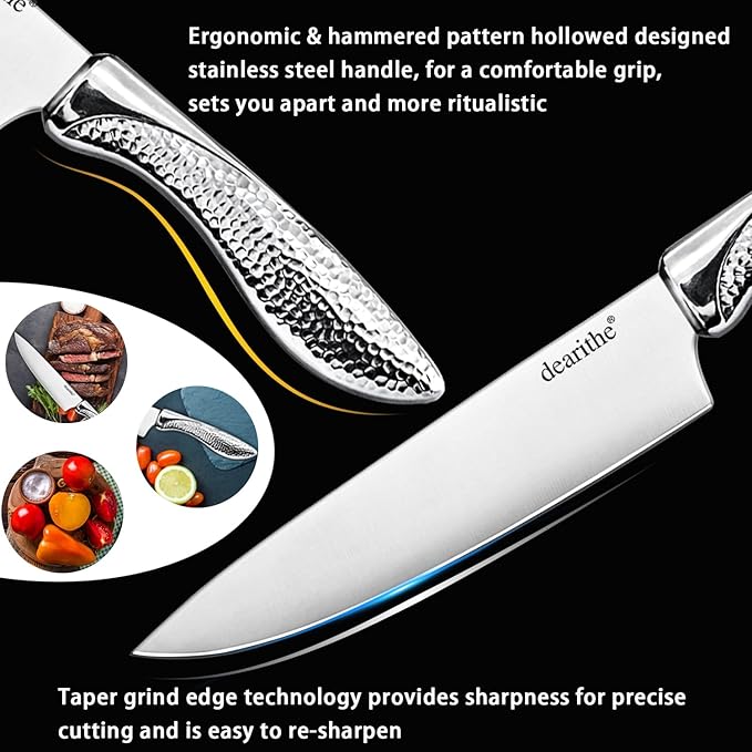 Knife Sets for Kitchen with Block, 14 Piece High Carbon Stainless Steel Knife Block Set with Built-in Sharpener, Professional Kitchen Knife Set, Hammered Pattern Hollowed Handle Design