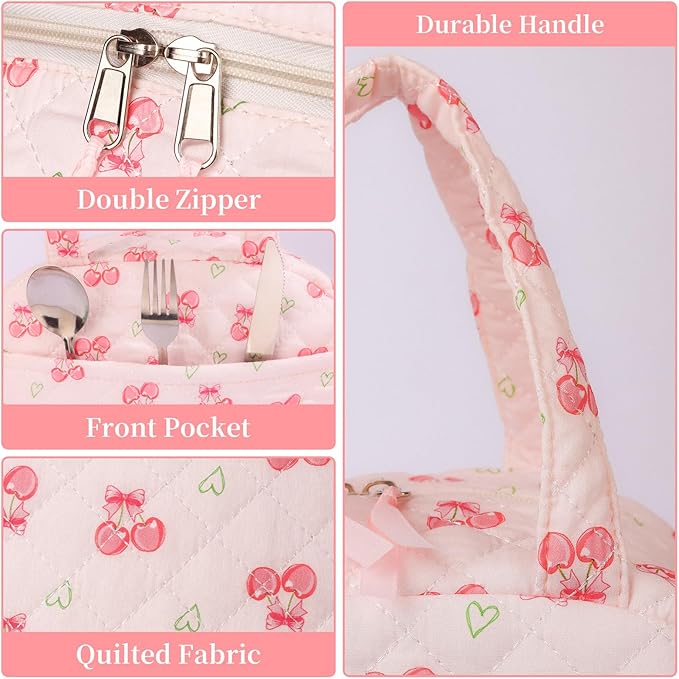 Quilted Lunch Box for Women,Coquette Aesthetic Lunch Box for Teen Girls,Cute Floral Lunch Bags for Work, School,Office,Picnic,Travel (cherry heart)