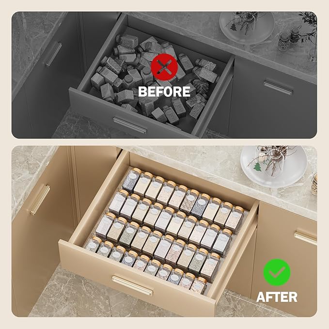 Spice Drawer Organizer, 8 Pack Clear Seasoning Organizer Rack, Expandable From 11" to 22" Wide Kitchen Spice Rack Organizers for Drawer, Countertop (Jars Not Included)