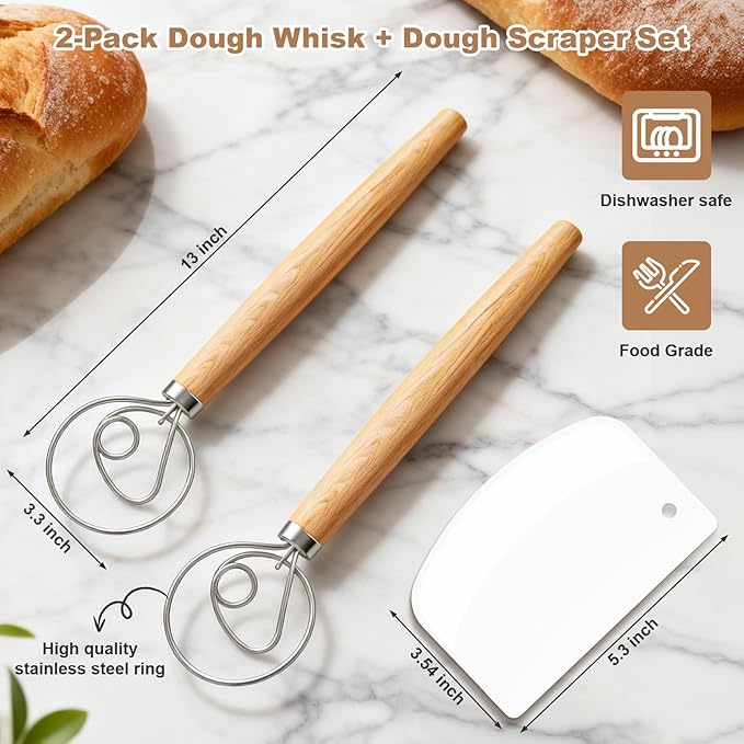 2 Pack 13-Inch Danish Dough Whisk with Dough Scraper, Premium Stainless Steel Bread Whisk Mixer with Ergonomic Wooden Grip, Ideal for Sourdough, Pizza Dough & Pastry Making