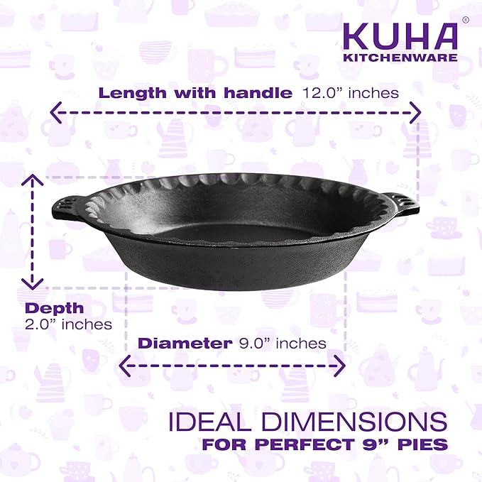 KUHA Cast Iron Pie Pan | Pre-Seasoned Round Cast Iron Pan for Apple, Pumpkin & Cherry Pies, Quiche & Tarts | For Baking & Serving | Silicone Trivet Included | 9", 2" Deep
