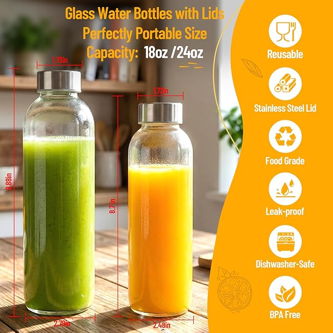 Clear Glass Bottles with Lids 18 oz, Reusable Glass Water Bottles with Stainless Steel Cap for Refrigerator, Juicing, 100% Leak Proof, BPA Free, Juice Bottle Drinking Jar Containers Set of 3
