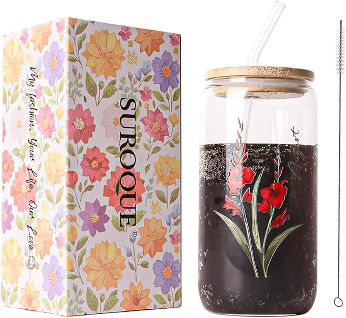 Birth Month Flower Iced Coffee Glass Cup 16oz Custom Tumbler Birthday Gifts Personalized Gifts for Women, Teachers, Bridesmaids, Birthdays, Mom, Valentines