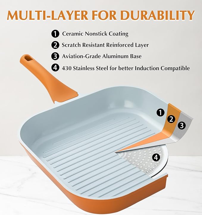 KOCH SYSTEME CS 11 Inch Nonstick Grill Pan for Stove Tops, Square Frying Pan with Pour Spouts, Square Pan for Indoor Cooking, Grill Skillet with Bakelite Handle, PTFE & PFOA Free, Orange