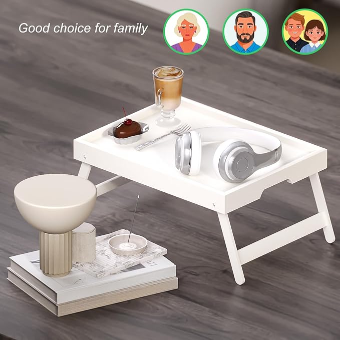 4 Pack Bamboo Bed Tray Table with Folding Legs,Breakfast Trays,Serving Tray for Food and Snack,Laptop Trays for Working(White)
