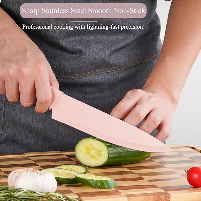 Knife Set, 14-Piece Kitchen Knife Block Set Dishwasher Safe with Wood Block and Sharpener,Non Stick Sharp Stainless Steel Chef Knife Sets for Cooking