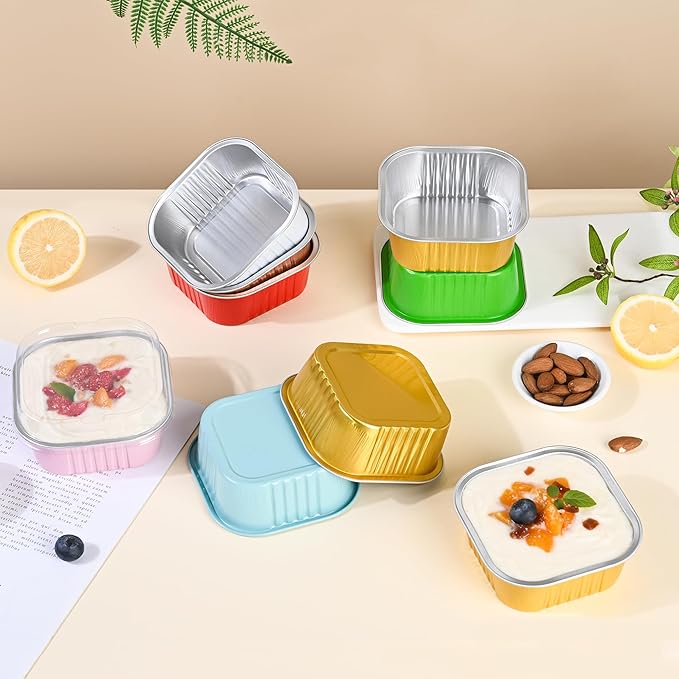 40 Pack Mini Cake Pans with Lids, 5oz Square Aluminum Foil Brownie Baking Cups, Muffin Tin Ramekins, Disposable Dessert Cupcake Cups for Wedding Birthday Party, Gold
